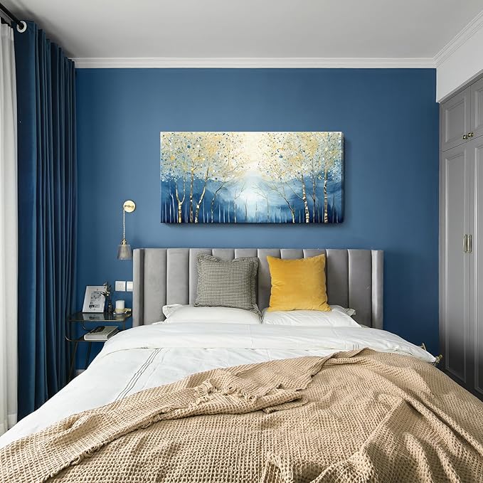 amatop Large Abstract Wall Art for Living Room Modern Tree of Life Canvas Art Print Nature-Inspired Navy Blue Wall Decor Landcape Artwork Birch Forest Picture Bedroom Office Dining Entryway 48x24 Inch