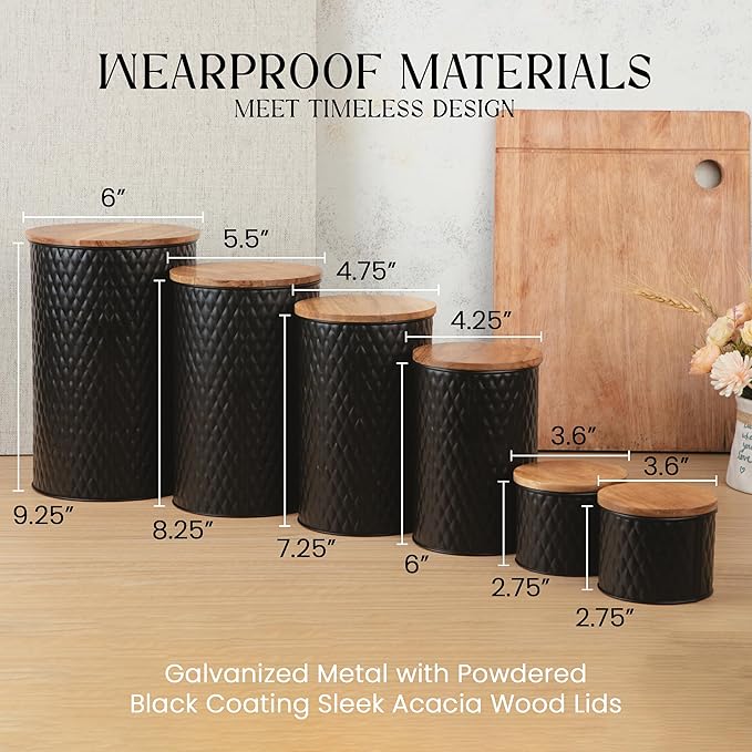 6 Canister Set for the Kitchen Countertop – Metal Food Storage Canisters with Airtight Lids for Flour, Tea, Crafts, Coffee, & Sugar – Container Set with Modern Wood Lids, Black