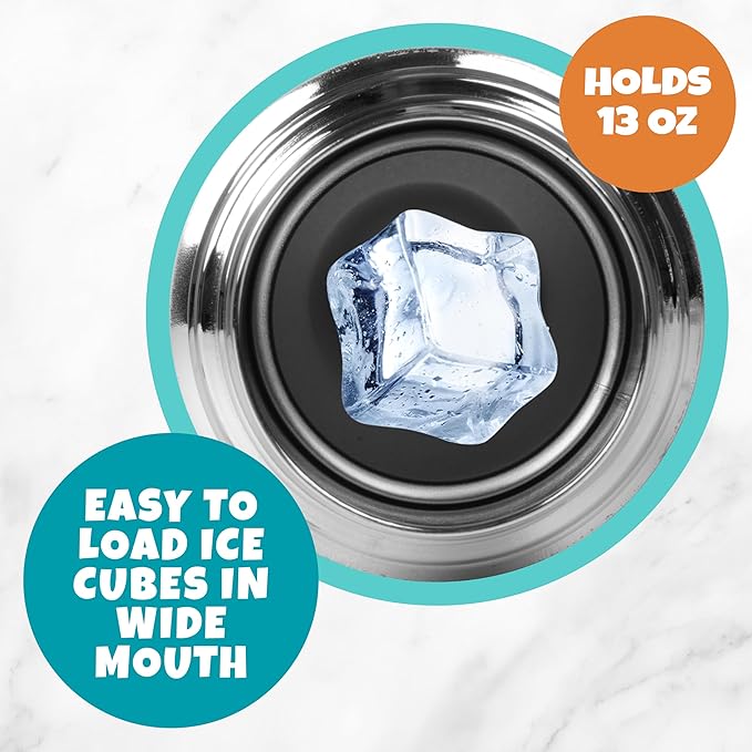 Bentology Stainless Steel 13oz Insulated Kids Water Bottle w Built In Straw- Easy to Open, Reusable BPA-Free, Fits in Most Lunch Boxes for Boys, Girls, School, Sports, Camp- Keep Drink Cold All Day