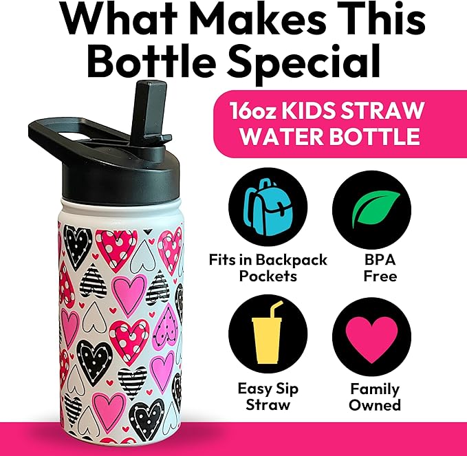 Biddlebee Kids Water Bottle with Straw Lid | 14oz Insulated Stainless Steel Reusable Bottles for School | Leak Proof Cap with Handle & Touch Free Spout | Great for Boys & Girls