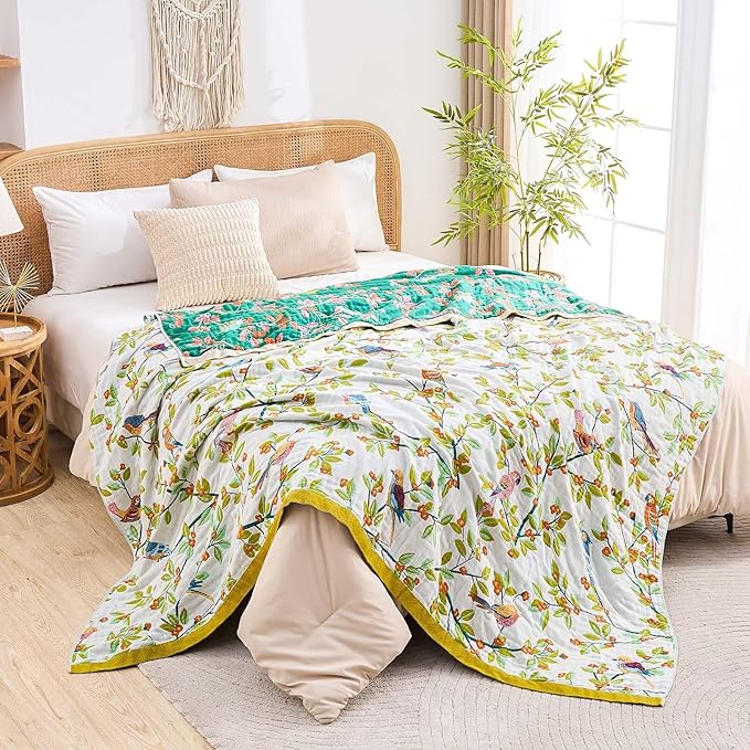 Boho Throw Blanket for Bed, 100% Cotton Soft Rustic Quilt Fall Blanket, 90"x98" Floral Printed Farmhouse Decor Bed Blankets, All Season Rustic Reversible Bohemian Throw Quilt