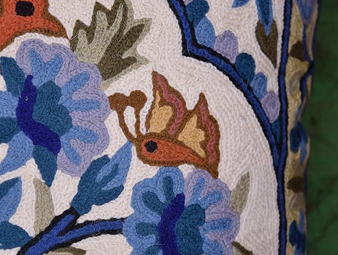 Blue Tree of Life Pillow Cover Blues Birds Floral Decorative Pillowcase Flower Outdoor Suzani Cushion Needlepoint Hand Embroidered Wool Size - 18x18