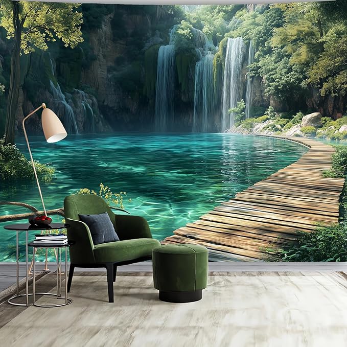 BSFHH Nature Tapestry Forest Tree Sea Cave Wall Hanging, Stream Through Rainforest Landscape Wall Art Tapestry for Bedroom Living room (Waterfall, 90"×70", Unframed)