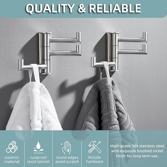Angle Simple Swivel Towel Hooks, SUS 304 Stainless Steel Foldable Robe Hand Towel Holder for Bathroom Kitchen Wall, Brushed Nickel, 2 Pack