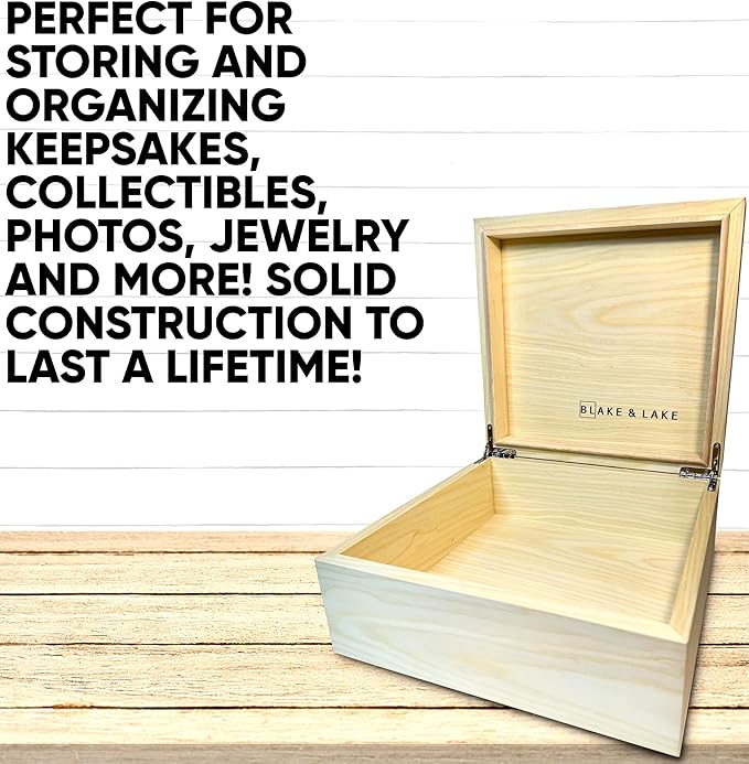 Blake & Lake Wooden Box with Hinged Lid - Solid Maple Wood Eco Box - Wood Storage Box with Lid - Wooden Keepsake Box - Decorative wooden boxes with lids (Maple)