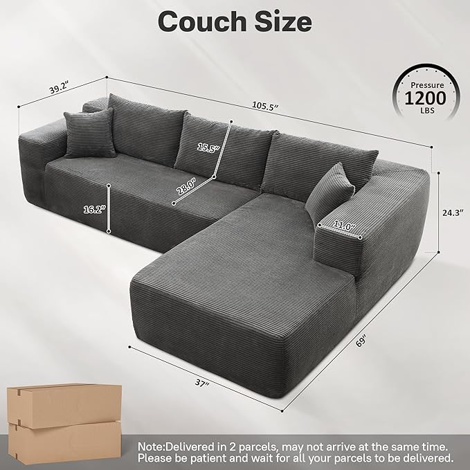 104" Cloud Sectional Couches for Living Room,L Shaped Boneless Couch in A Box,Sleeper Sofa with Comfy Chaise No Assembly Required,Grey