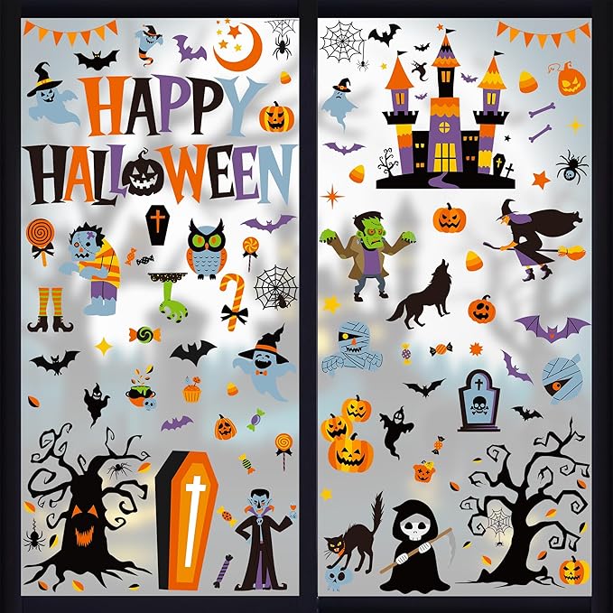 115PCS Halloween Window Clings, 9 Sheets Halloween Decorations, Cute Witch Tree Zombie Ghost Patterns PVC Window Stickers for Treat or Trick Party Favors Decal Supplies Decor Accessories