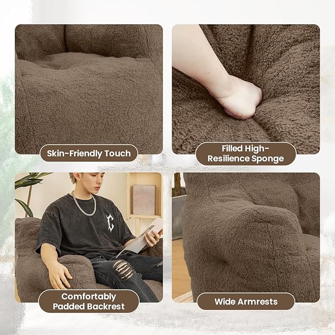 Bean Bag Chair with Filler, Bean Bag Sofa with Tufted Soft Stuffed Filling, Fluffy and Lazy Sofa, Comfy Cozy BeanBag Chairs with Memory Foam for Dorm, Apartment, Living Room (Brown)