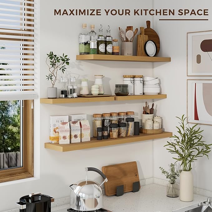 24 inch Floating Shelves Long Floating Shelves for Wall Large Wall Mounted Shelves with Invisible Brackets, Oak Shelves for Bathroom, Living Room, Kitchen, Office, 24x6.7 inch deep Set of 2