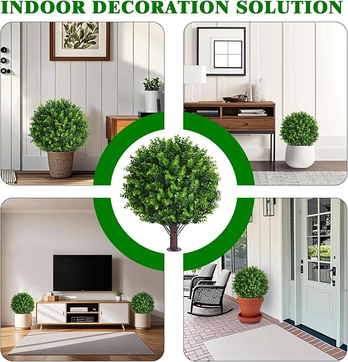 Artificial Topiary Tree with Eucalyptus, Set of 2 Artificial Shrub Bushes with Ground Spike, Fake Evergreen Tree for Porch, Artificial Plants for Outdoor Planters Indoor UV Resistant