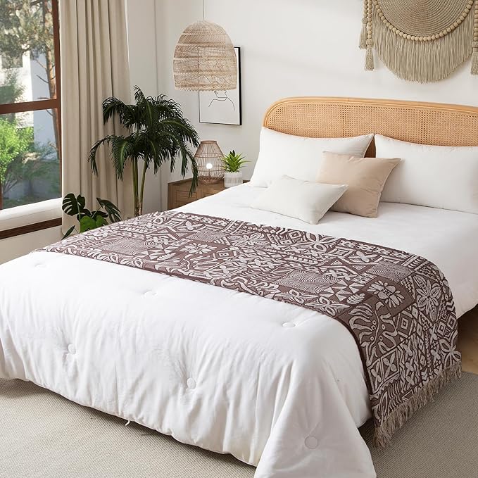 Boho Throw Blanket Full Size, Extra Large Soft Cozy Cotton Muslin Quilt Blanket for Bed Decor, Patchwork Block Couch Sofa Chair Cover, Vintage Farmhouse Cottage Woven Blanket, Brown&White