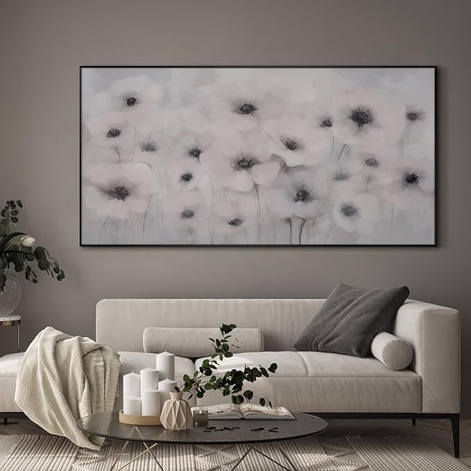 36"x72" Extra Large Framed Wall Art Soft White Poppies Watercolor Floral, Delicate Botanical for Home Living Room Bedroom Decor (Frame Assembly Required)