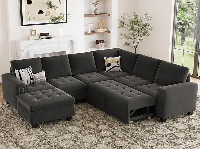 Belffin Modular Sectional Sleeper Sofa with Pull Out Bed U Shaped Sectional Sofa Couch with Storage Ottoman Velvet Covertible 7-Seater Sofa for Living Room Grey