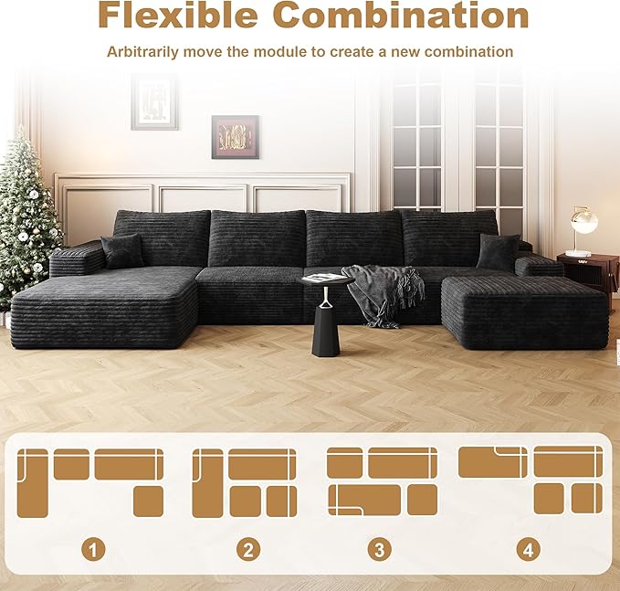 136" Sectional Couches for Living Room Modern Modular Sofa with L-Shape Couchs Upholstered Boneless Couch Deep Seat Sectional Couch with Chaise (Black, Left Facing Chaise+3Seaters+Ottoman)