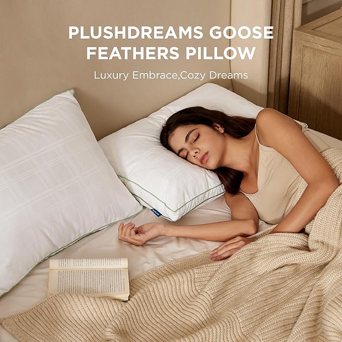 Bedsure Luxury Goose Feathers Down Pillow - 300 Thread Count Cotton Cover Gusseted Hotel Collection Bed Queen Pillow, Ultra-Soft High Elasticity Sorona Fiber Layer Pillows (1, Green, King)