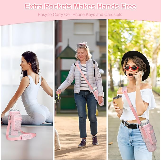 Bling Diamond Water Bottle Carrier Bag with Phone Pocket for Stanley 40/30 oz Tumbler with Card Holder,Neoprene Water Bottle Holder Pouch with Adjustable Strap for Stanley Cup Accessories