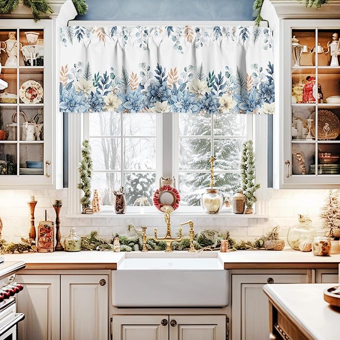 Blue Christmas Poinsettia Valance Curtains for Kitchen Windows Winter Eucalyptus Leaves Rod Pocket Window Treatment Toppers for Kitchen/Living Room/Bedroom/Bathroom, 54" X 18",