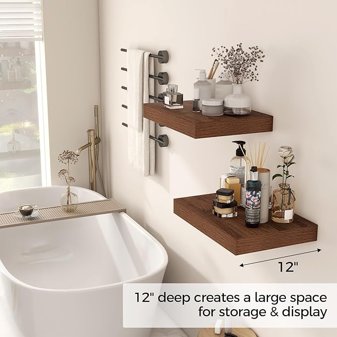 12 Inch Deep Floating Shelves, 16 x 12 Floating Shelf for Books, Rustic Wood Deep Wall Shelves for Home Storage & Display, 2" Thicked Shelves for Kitchen, Living Room, Bedroom, Walnut Color, 2 Pack