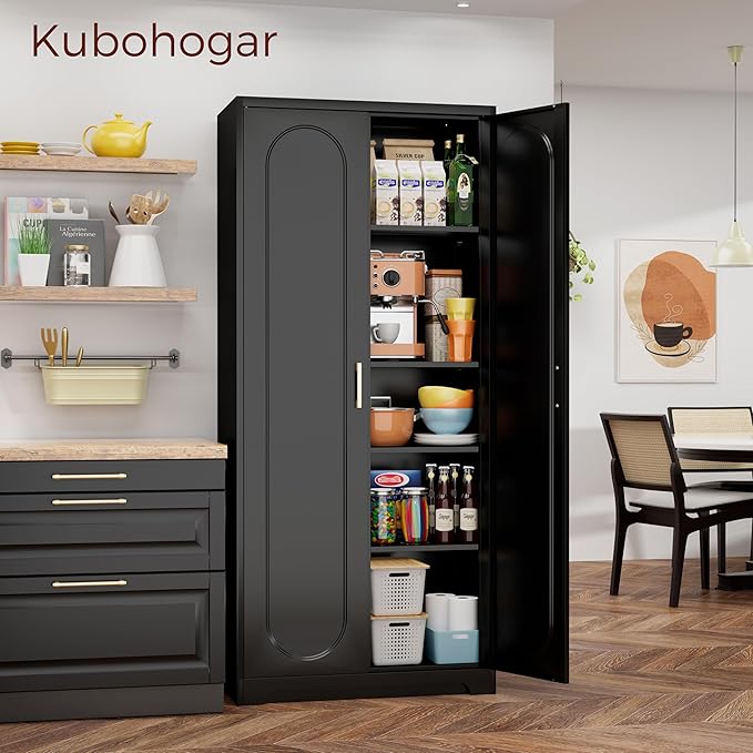 71" Tall Metal Pantry Cabinet with 4 Adjustable Shelves and Gold Handles Heavy-Duty Steel Storage for Kitchen, Dining Room or Office