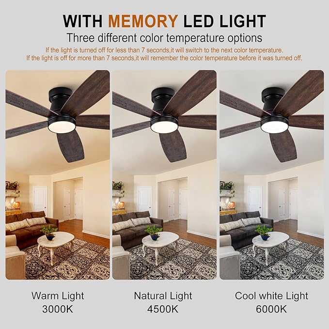 52 inch Ceiling Fans with Lights and Remote,Flush Mount Black Ceiling Fan,Memory Fuction Reversible Quiet DC Motor Low Profile Ceiling Fans For Living Room Bedroom Indoor Outdoor(Black Walnut)