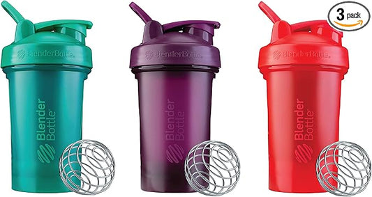 BlenderBottle Classic V2 Shaker Bottle Perfect for Protein Shakes and Pre Workout, 20-Ounce (3-Pack) Red, Green, and Plum