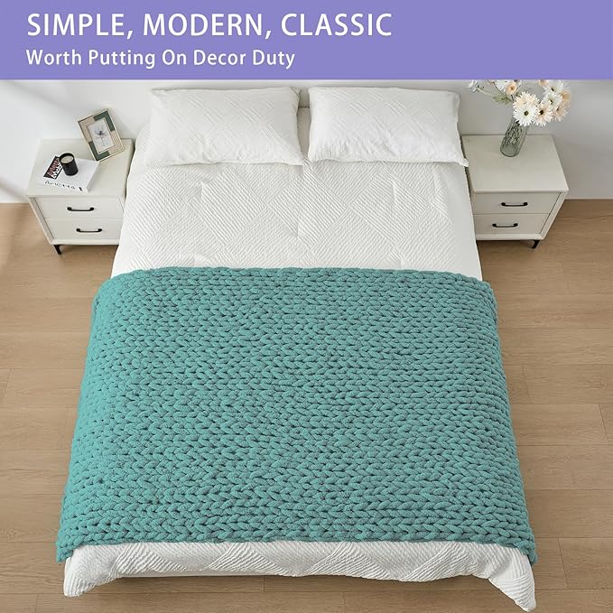 Bigacogo Chunky Knit Throw Blanket for Couch, 40x80 inches, 100% Hand Knitted with Thick Jumbo Chenille Yarn, Cozy Soft Large Rope Knot Cable Crochet Blankets for Sofa Bed Living Room, Light Teal