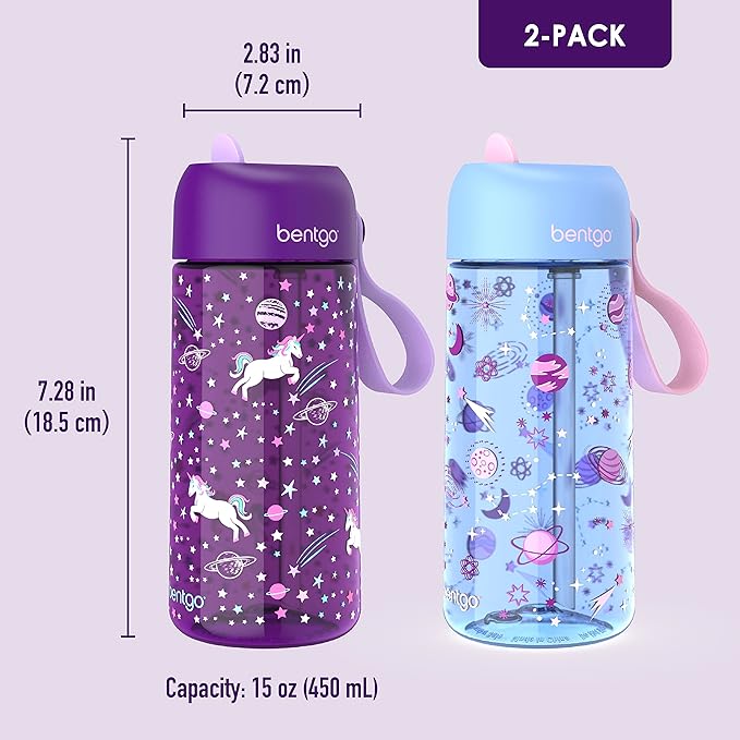 Bentgo Kids Water Bottle 2-Pack - Leak-Proof, Durable Tritan™, BPA-Free 15 oz Cup for Kids/Toddlers 3+; Flip-Up Straw; Dishwasher Safe for School/Sports/Daycare/Camp (Unicorn/Lavender Galaxy)