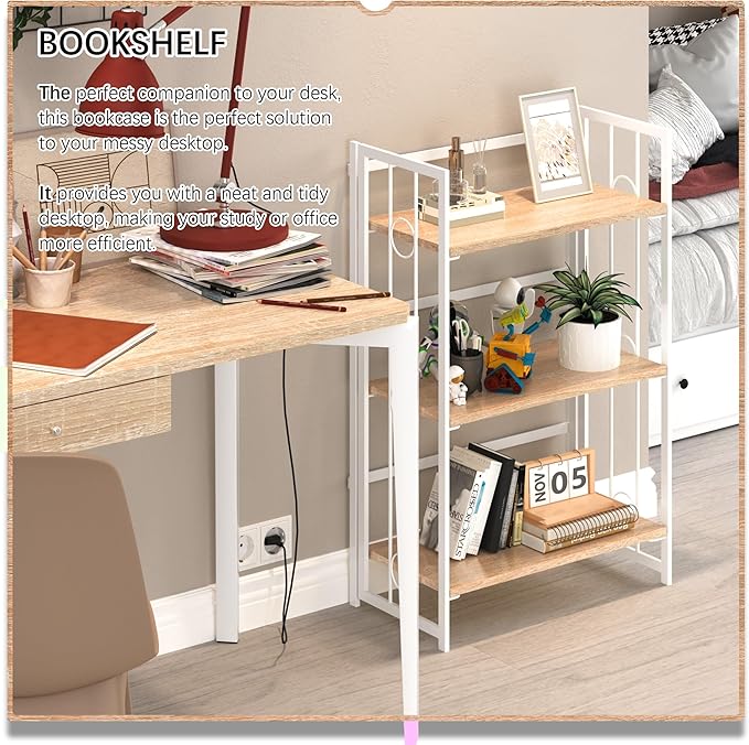 4NM No Assembly 3 Tiers Folding Bookshelf, 35" H Foldable Storage Shelves Vintage Bookcase Standing Racks Study Organizer Home Office - Natural White