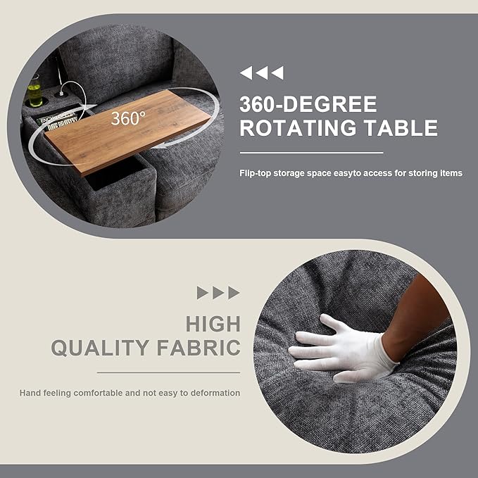 120.3" Modern L-Shaped Sectional Sofa with 360°Swivel Drop-Down Table, Storage Armrest, USB Ports & Movable Storage Ottoman – Plush Linen Cloud Couch for Lounge (Grey)