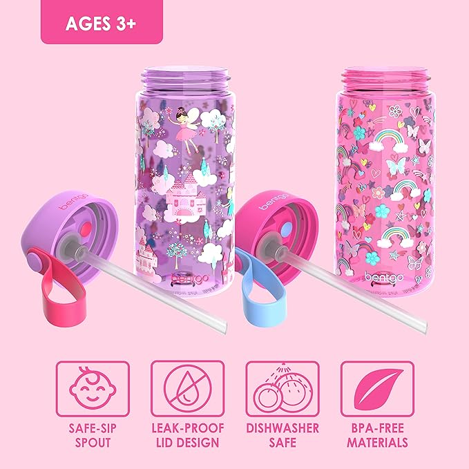 Bentgo Kids Water Bottle 2-Pack - Leak-Proof, Durable Tritan™, BPA-Free 15 oz Cup for Kids/Toddlers 3+; Flip-Up Straw; Dishwasher Safe for School/Sports/Daycare/Camp (Rainbows & Butterflies/Fairies)