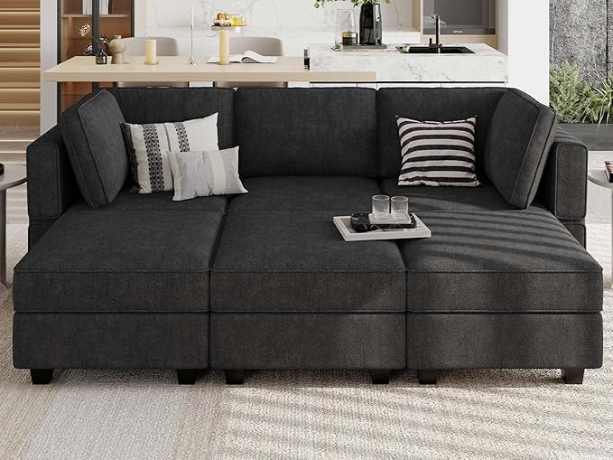 Belffin Terry Fabric Modular Sectional Sleeper Sofa Bed with Storage Convertible Sectional Couches for Living Room 6 Seaters Black Modular Sofa