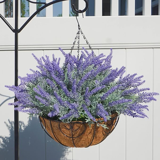 Artificial Hanging Flowers with Basket Fake Summer Lavender for Outdoor Decor, 12 Bundles Faux Purple Outside Decoration Realistic UV Resistant Plants for Porch Balcony Patio Garden Yard