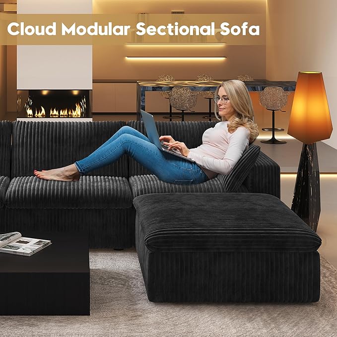 157.5" L Shaped Modern Sofa Modular Sectional Cloud Couch with Ottoman,Deep Seat Upholstered Couches with Corduroy Fabric for Living Room Furniture,Bedroom and Apartment,No Assembly Required,Black