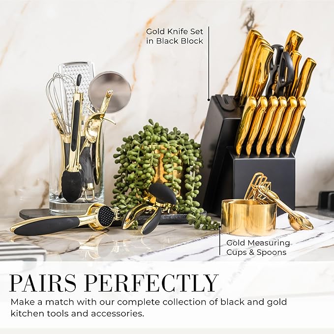 Black and Gold Kitchen Utensils - Luxe 8-Piece Gold Kitchen Tools Set with Can Opener, Pizza Cutter, Peeler, Mini Whisk, and Tongs - Stylish Accessories for Modern Cooking and Ideal for Gifting