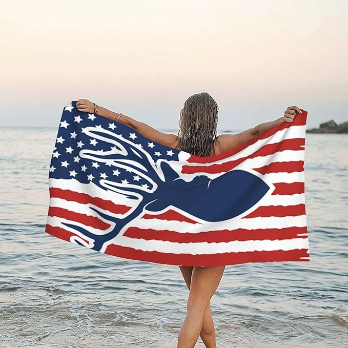 Beach Towel, Hunting Deer USA Flag Beach Towel Oversized Sand Proof Absorbent, Quick-Dry Bath Pool Swim Towel for Shower Spa Vacation, 29.5” X 59”
