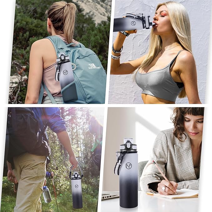 32 oz Insulated Water Bottle With Detachable Straw & Paracord Handle, Stainless Steel Thermos Water Bottle with Leakproof Lockable Lid, BPA-Free Sports Bottle (White Black Gradient)