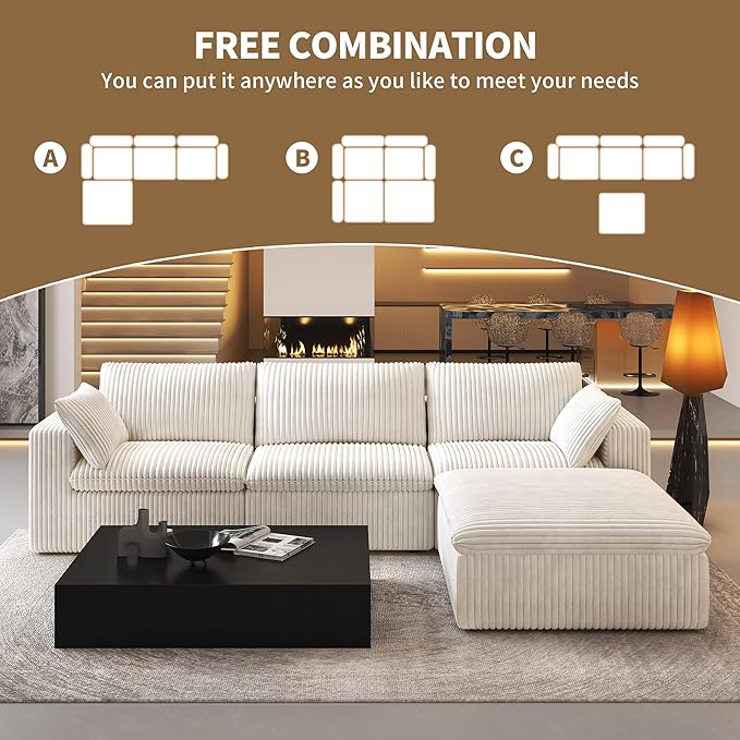 118" L Shaped Modern Sofa Modular Sectional Cloud Couch with Ottoman,Deep Seat Upholstered Couches with Plush Corduroy Fabric for Living Room Furniture,Bedroom and Apartment,No Assembly Required,White