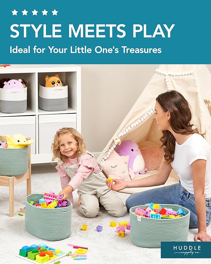 3 WASHABLE Woven Baskets for Storage Baskets for Shelves Large Cotton Rope Baskets for Organizing Decorative Storage Bins Bathroom, Shelves, Toys,Storage Cube Bins, Small Baskets (Sage Green)