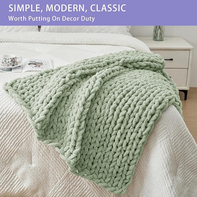 Bigacogo Chunky Knit Throw Blanket for Couch, 40x40 inches, 100% Hand Knitted with Thick Jumbo Chenille Yarn, Cozy Soft Large Rope Knot Cable Crochet Blankets for Sofa Bed Living Room, Sage Green