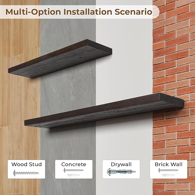 Axeman Floating Shelves for Wall - 40''W x 8'' D Rustic Solid Elm Wood Shelves for Storage, Wall Mounted Display Shelving with Invisible Heavy-Duty Metal Bracket (Walnut, 2PCs)