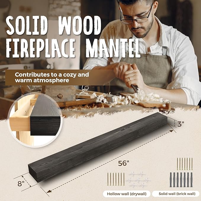 56x8x3 Fireplace Mantel - Handcrafted Hollow Rustic Solid Wood Wall Mounted Floating Shelf with Invisible Heavy Duty Wood Bracket (Weathered Black)