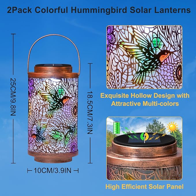2Pack Solar Lanterns Outdoor Waterproof Hummingbird Colorful Garden Gifts for Mom, Multicolor Solar Lights Lantern for Backyard Garden, Pathway, Outside, Mothers' Day Gifts for Grandma Women