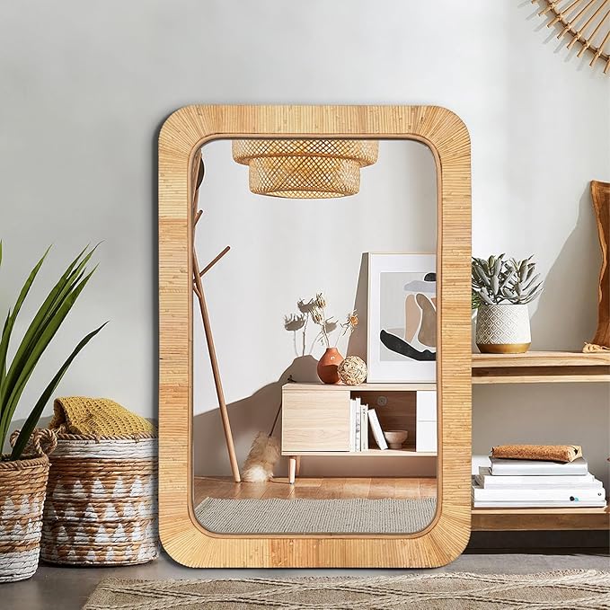 24x36 inch Rattan Rectangular Mirror for Wall, Bohemia Bathroom/Farmhouse Boho Mirrors, Vanity Irragular Decorative Mirror, Suitable for, Nursery, Bedroom, Living Room, Home Decoration