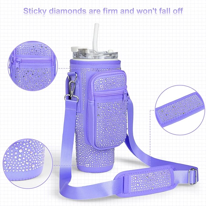 Bling Diamond Water Bottle Carrier Bag with Phone Pocket for Stanley 40/30 oz Tumbler with Card Holder,Neoprene Water Bottle Holder Pouch with Adjustable Strap for Stanley Cup Accessories
