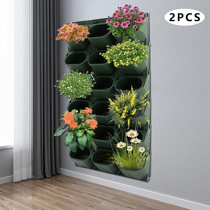 12Pieces 3-Pot Wall Planter Vertical Garden Plant Walls Wall Mounted Vertical Planter with Water-Storage Layer Stackable Wall-Mounted Flower Pot for Gardens, Balconies 180.78lbs Total Capacity (Green)