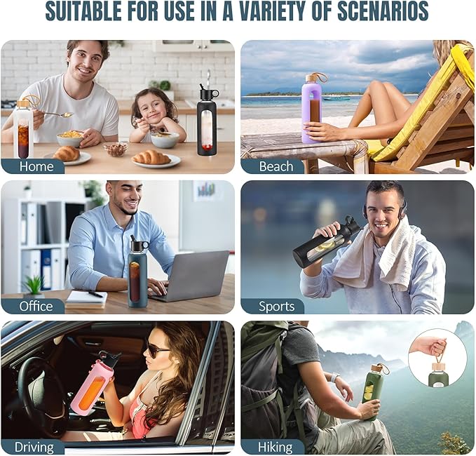 24oz Glass Water Bottle With 2 Lids-Flip Straw Lid, Bamboo Lid, Glass Water Bottle With Silicone Sleeve, Motivational Time Marker, Glass Juice Bottle for Cold Drink,Navy Blue