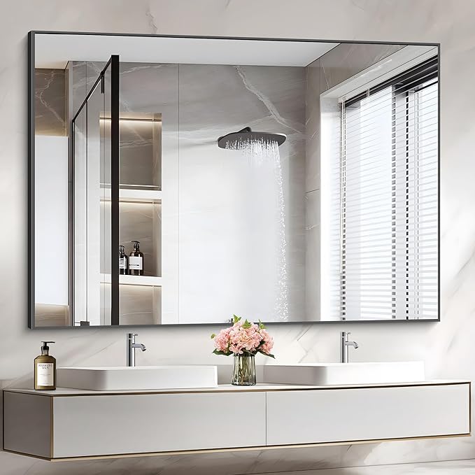 36x50inch Bathroom Mirror, Black Rectangle Mirrors with Thin Metal Frame, Large Rectangular Wall Mirror for Bathroom, Living Roomm, Hair Salon, Big Farmehouse Mirror Hang Horizontal/Vertical