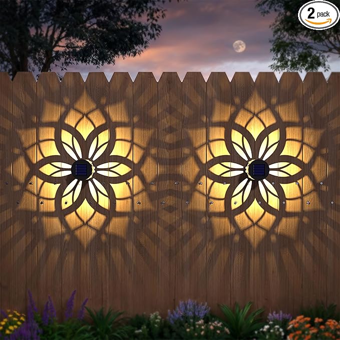 2 Pack Solar Fence Lights Metal Solar Powered Outdoor Wall Deck Step Lights Mandala Theme Waterproof Fence Light for Garden Post Patio Backyard Yard Decor, Gardening Gifts for Women Mom Grandma
