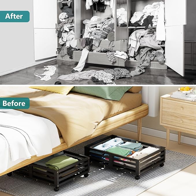 Bamboo Under Bed Storage Containers- Underbed Organizer with Wheels with Large Dust Bag,Sturdy Wood Rolling Under the Bed Shoe Storage Organizer Drawer 2 Pack