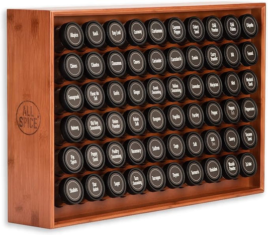 AllSpice Spice Rack Organizer, Wood, 525 Unique Labels, Countertop or Wall Mount, Includes 60 4oz Jars- Cherry Stain